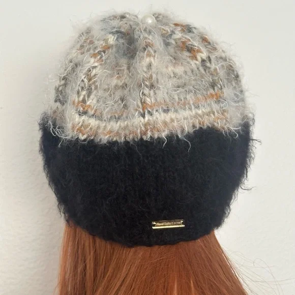 Hand Knits 2 Love Winter Hat Beanie Mohair Look Flower Pearls Designer Fashion - Picture 7 of 11